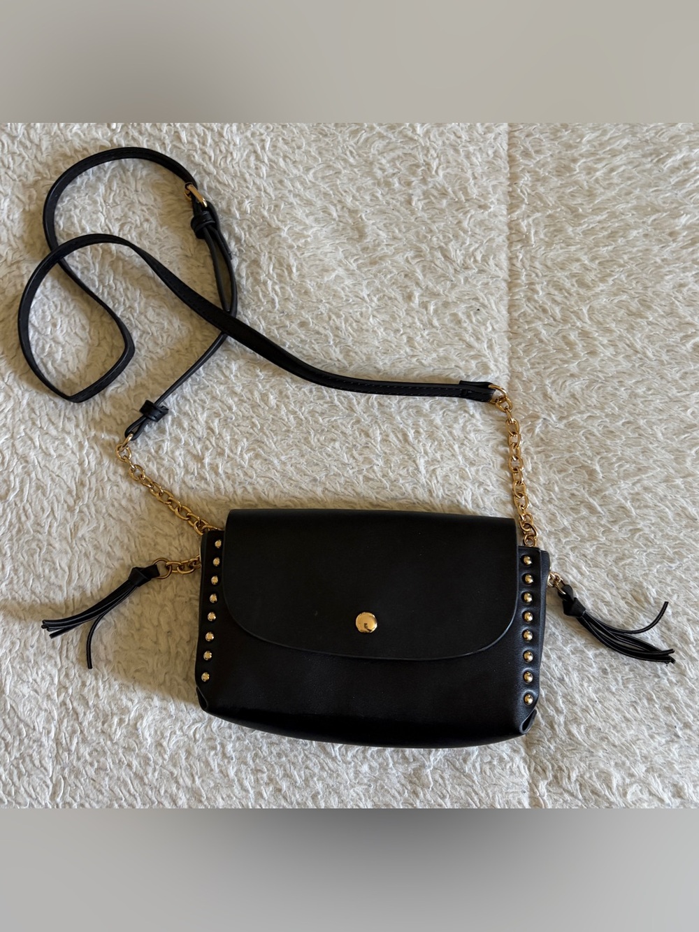 Black Studded Crossbody Bag with Gold Chain Accent